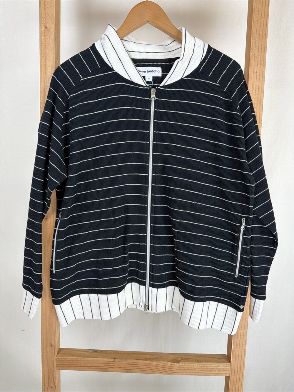 NWT Neon Buddha Black & White Striped Bomber Jacket #0993 Size Small